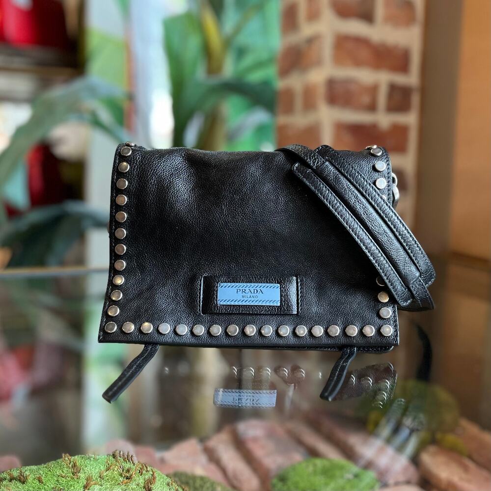 PRADA Etiquette Black Glace Calfskin Studded Flap Crossbody Bag